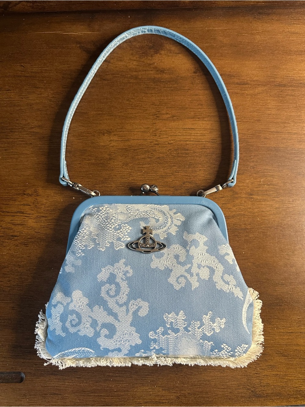Vivienne Westwood Light Blue Jacquard Frame Top Handle Kisslock Bag - Picture 1 of 11